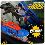 Dinosaur Transport Truck with 6 Racing Cars - Car Transport Dinosaur Truck with Foldable Sliding Ramp
