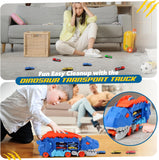 Dinosaur Transport Truck with 6 Racing Cars - Car Transport Dinosaur Truck with Foldable Sliding Ramp