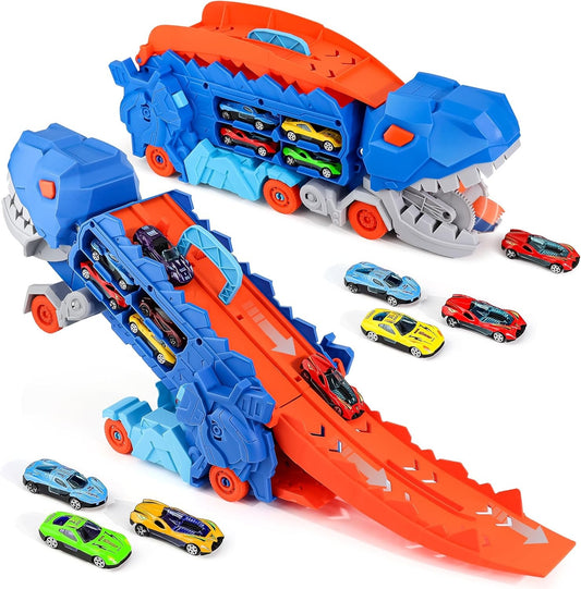 Dinosaur Transport Truck with 6 Racing Cars - Car Transport Dinosaur Truck with Foldable Sliding Ramp