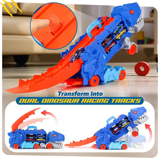 Dinosaur Transport Truck with 6 Racing Cars - Car Transport Dinosaur Truck with Foldable Sliding Ramp