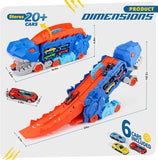 Dinosaur Transport Truck with 6 Racing Cars - Car Transport Dinosaur Truck with Foldable Sliding Ramp